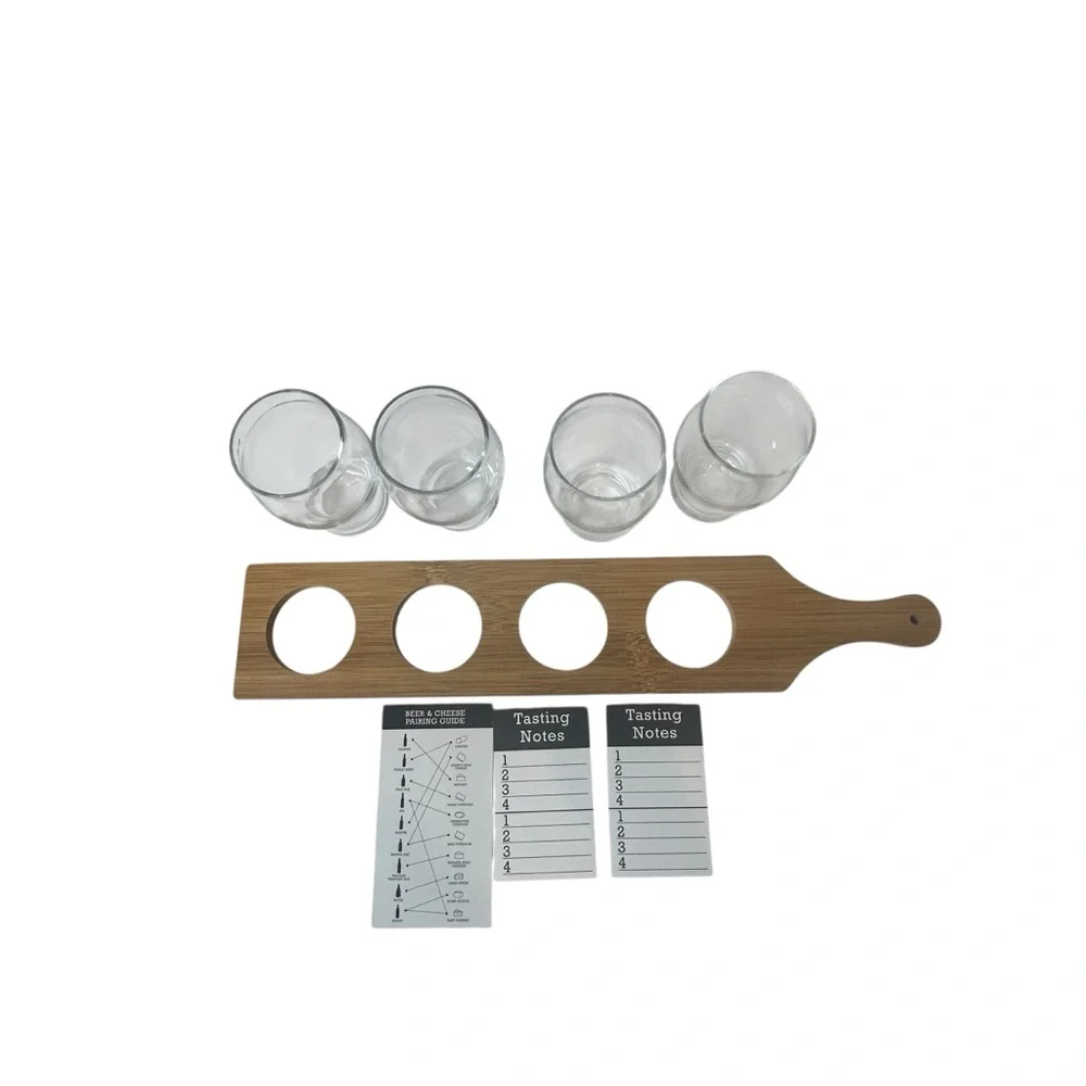 Beer Tasting Paddle Set with Glasses – Lightweight Wood Tray, Cheese Pair